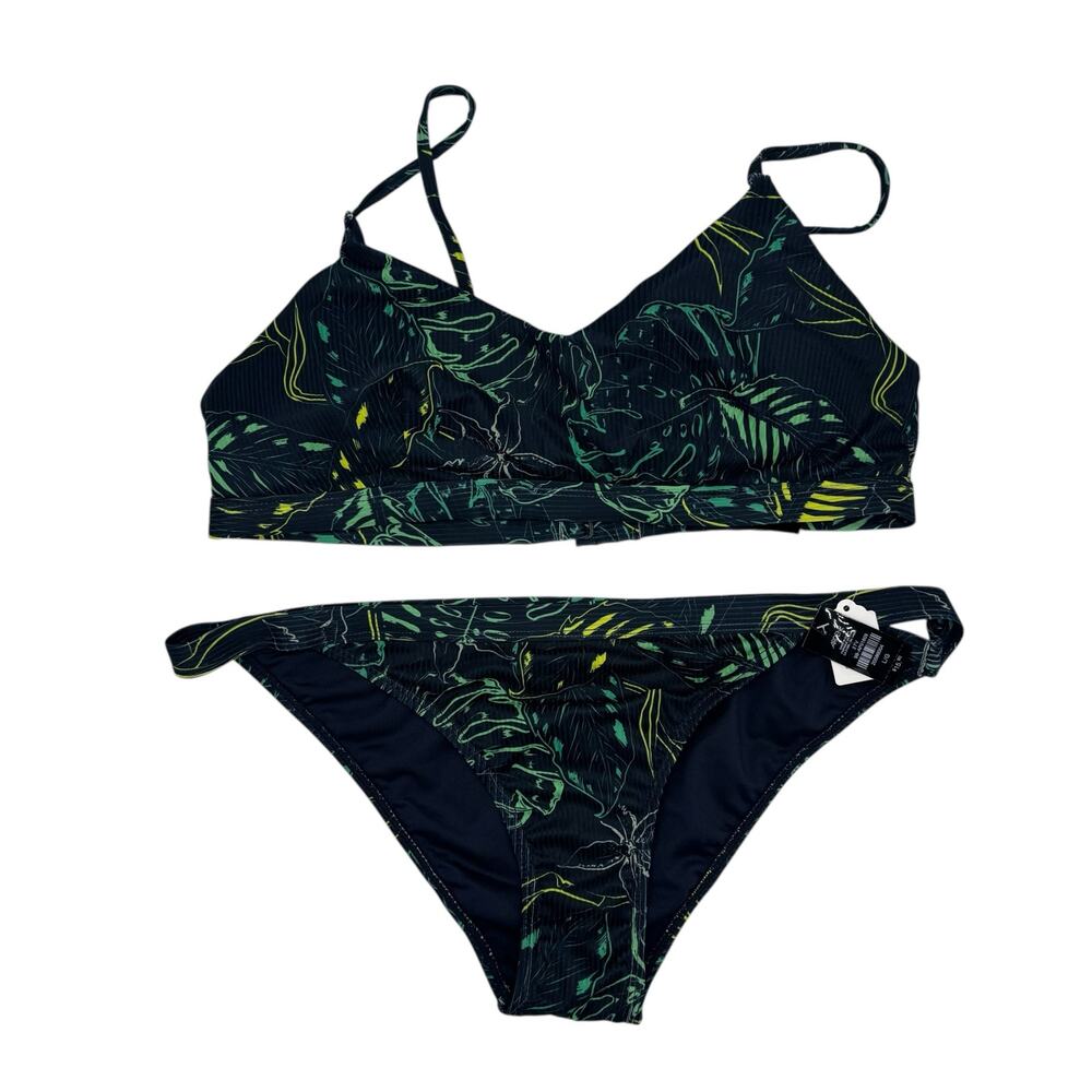 ARDENE *NEW* Ribbed Tropical Floral 2-piece Swim Suit Sz Large Bikini Blue Green